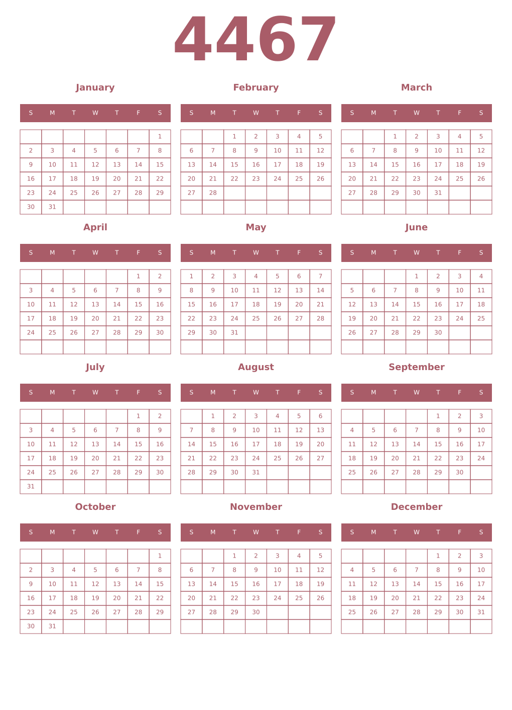 Printable 4467 Year Calendars puce