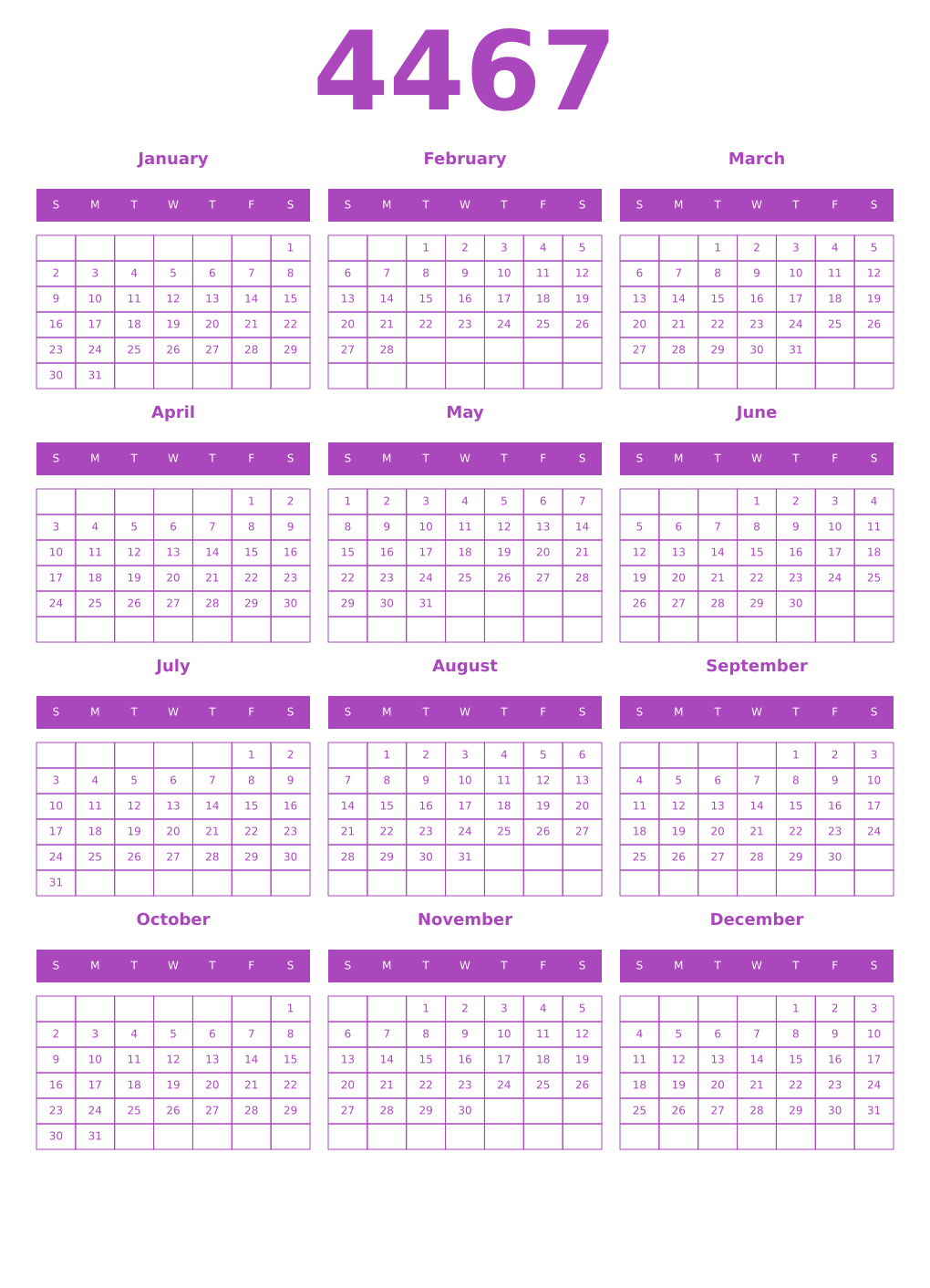 Printable 4467 Year Calendars purple