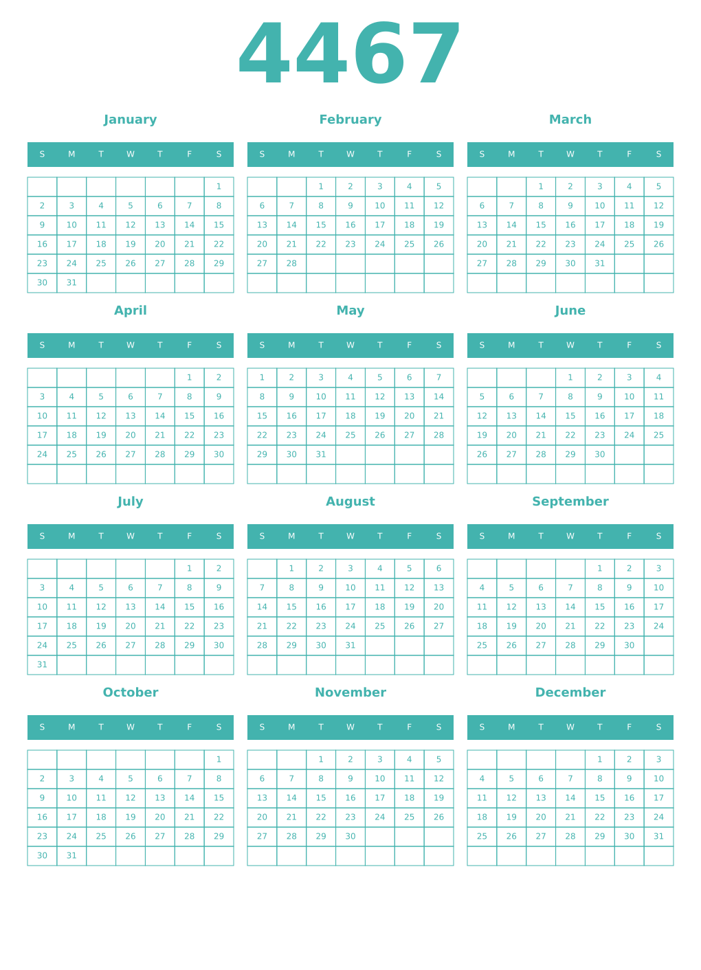 Printable 4467 Year Calendars verdigris