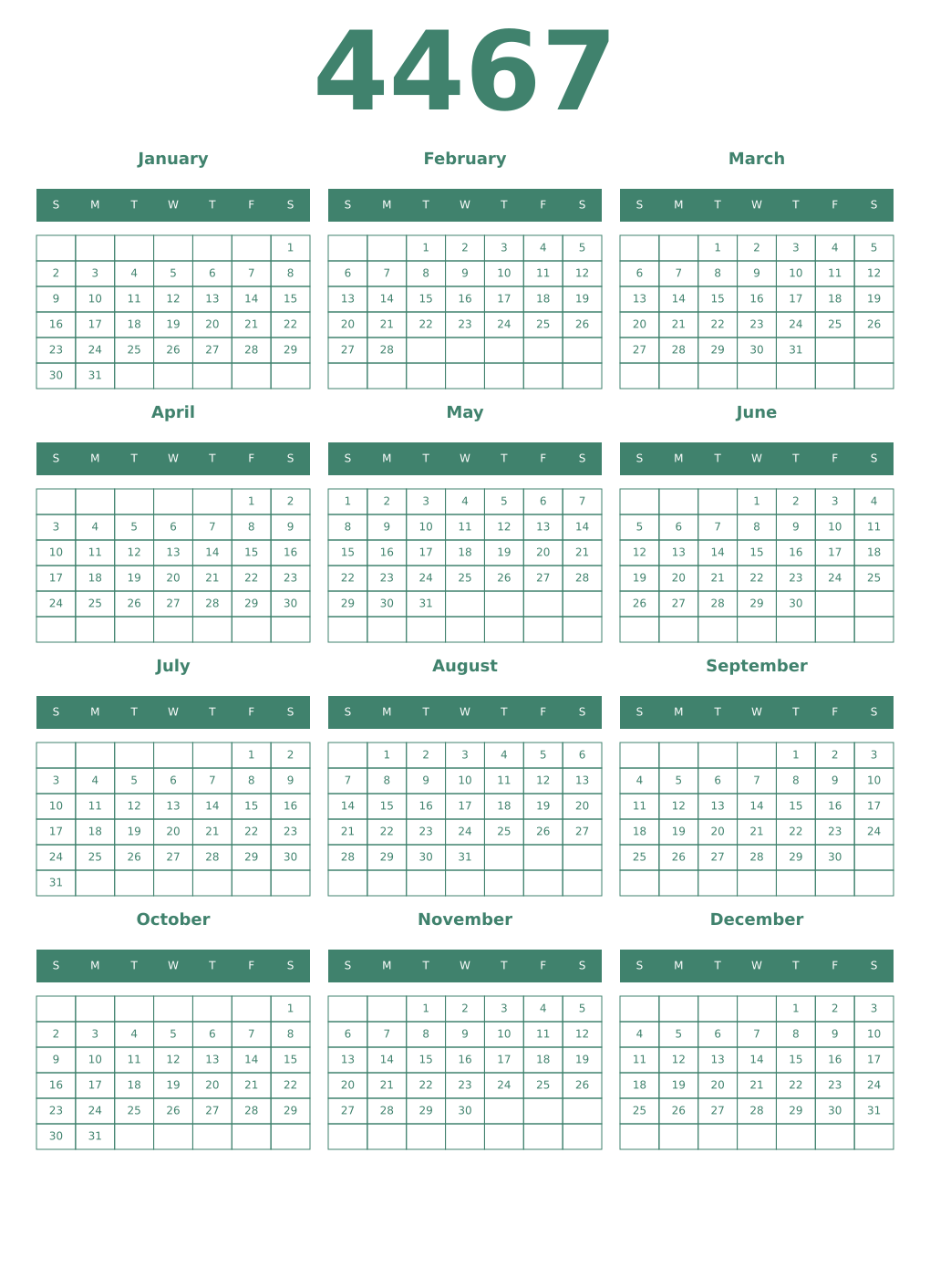 Printable 4467 Year Calendars viridian