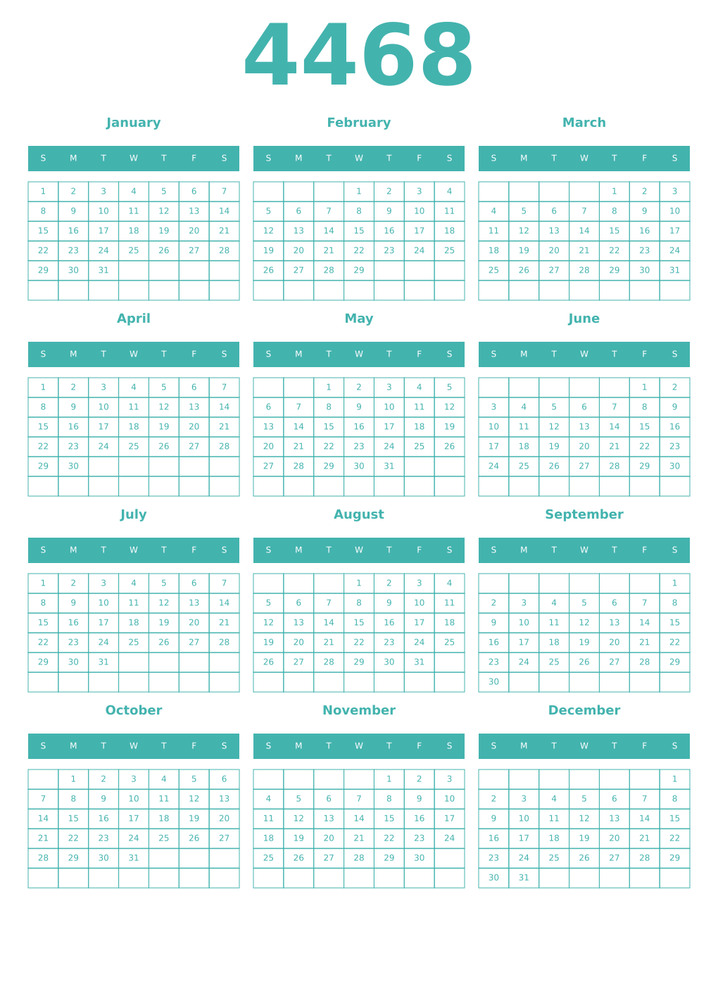 Printable 4468 Year Calendars verdigris