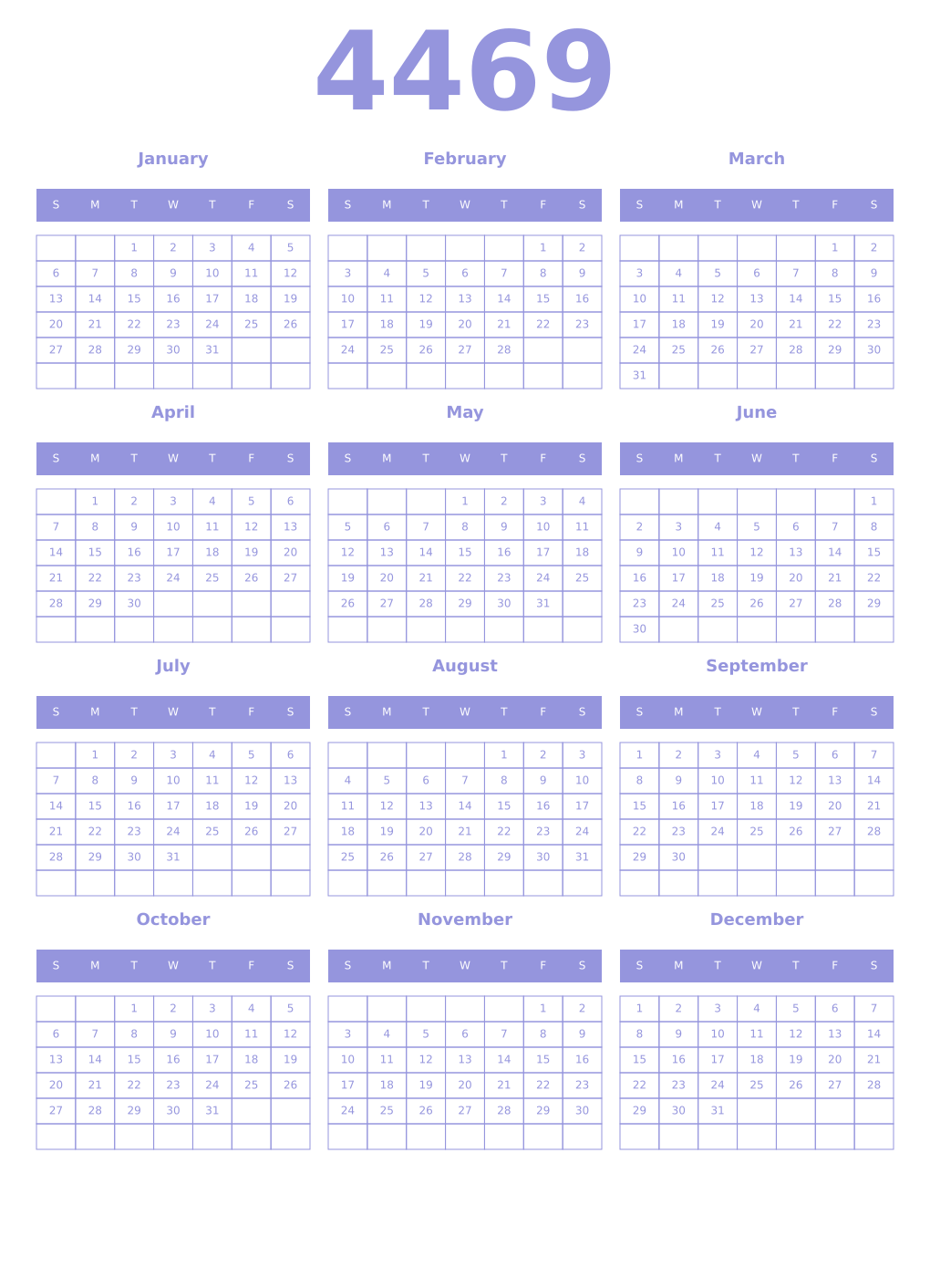 Printable 4469 Year Calendars periwinkle