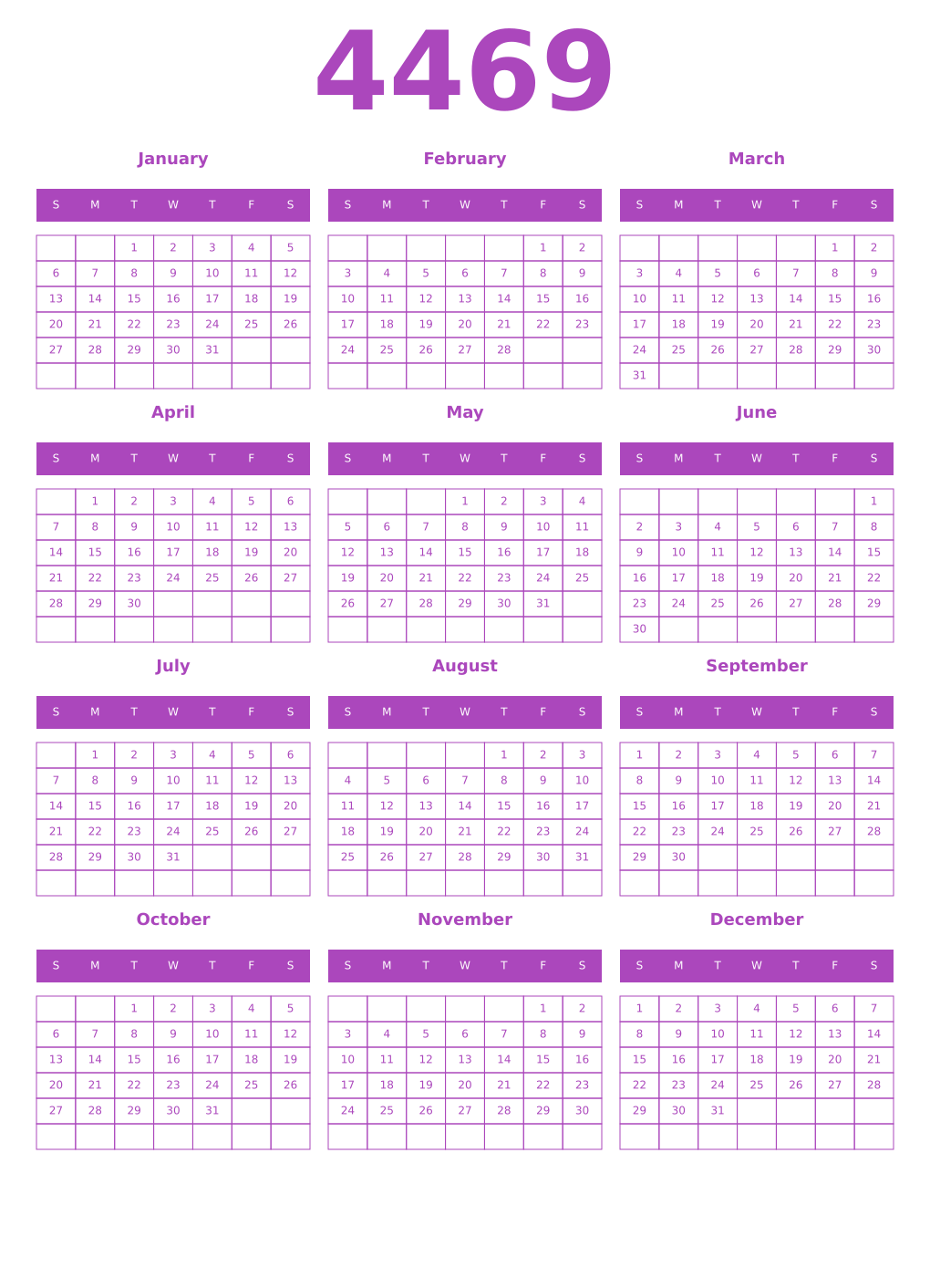 Printable 4469 Year Calendars purple