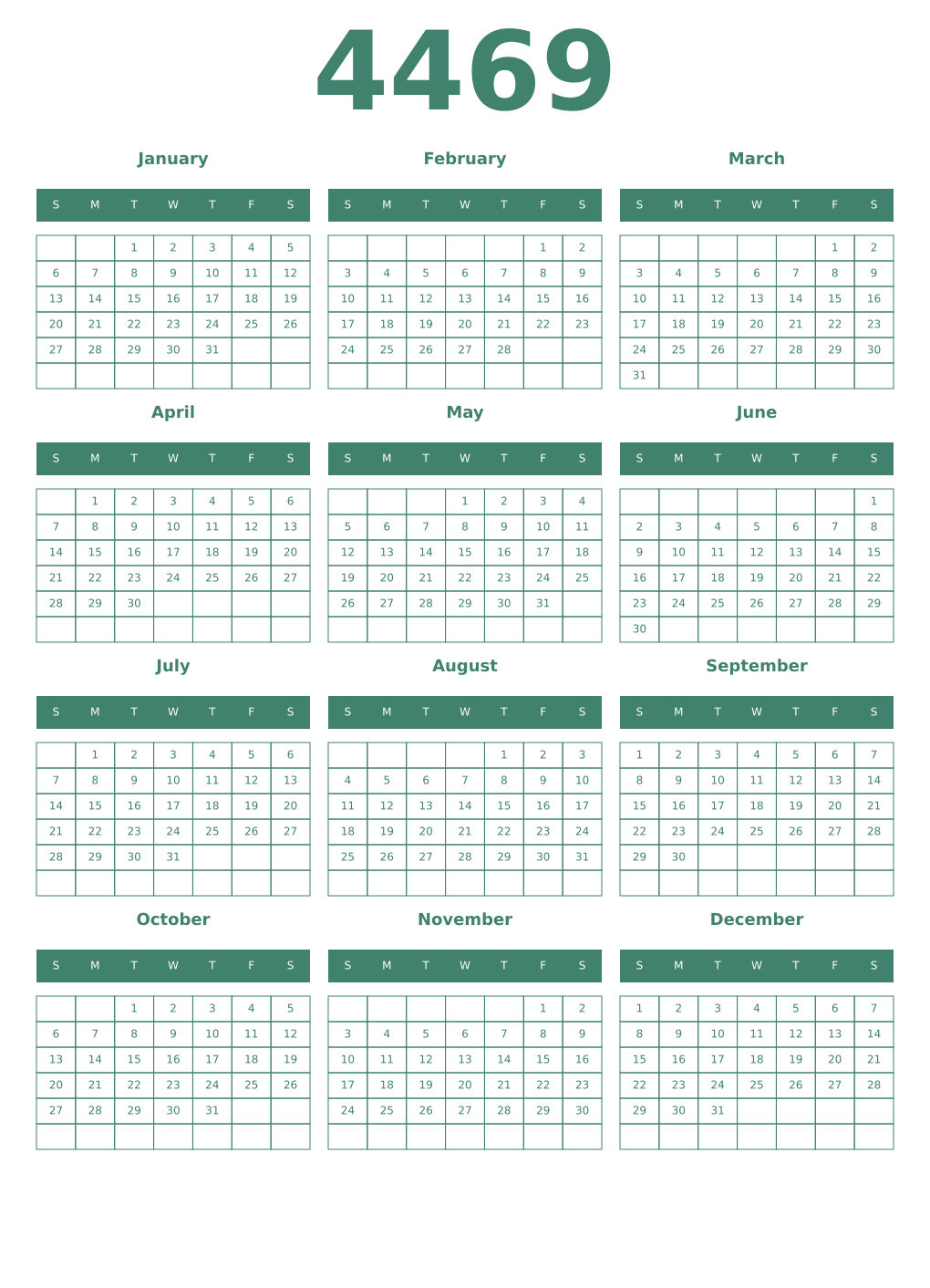Printable 4469 Year Calendars viridian