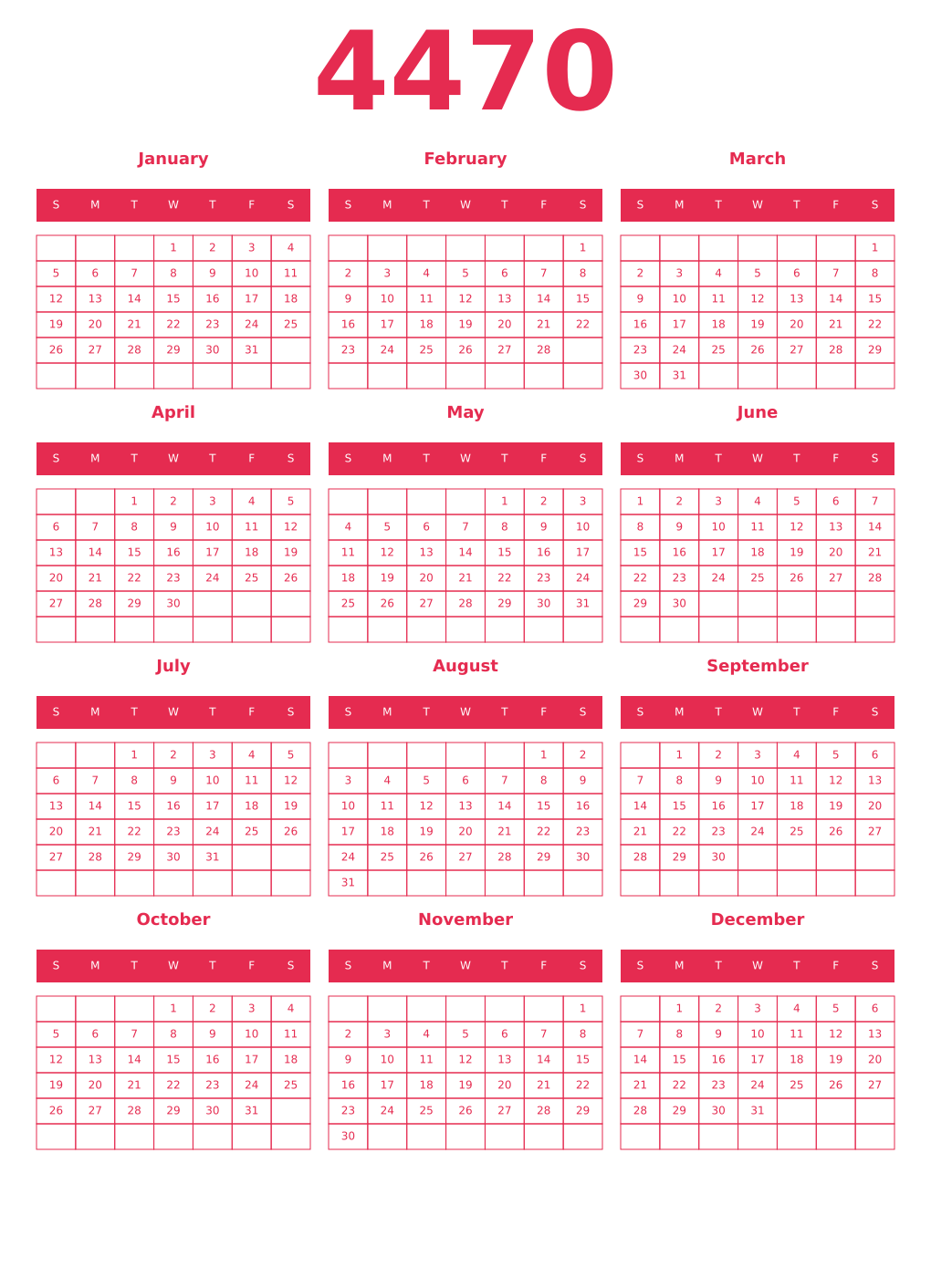 Printable 4470 Year Calendars amaranth