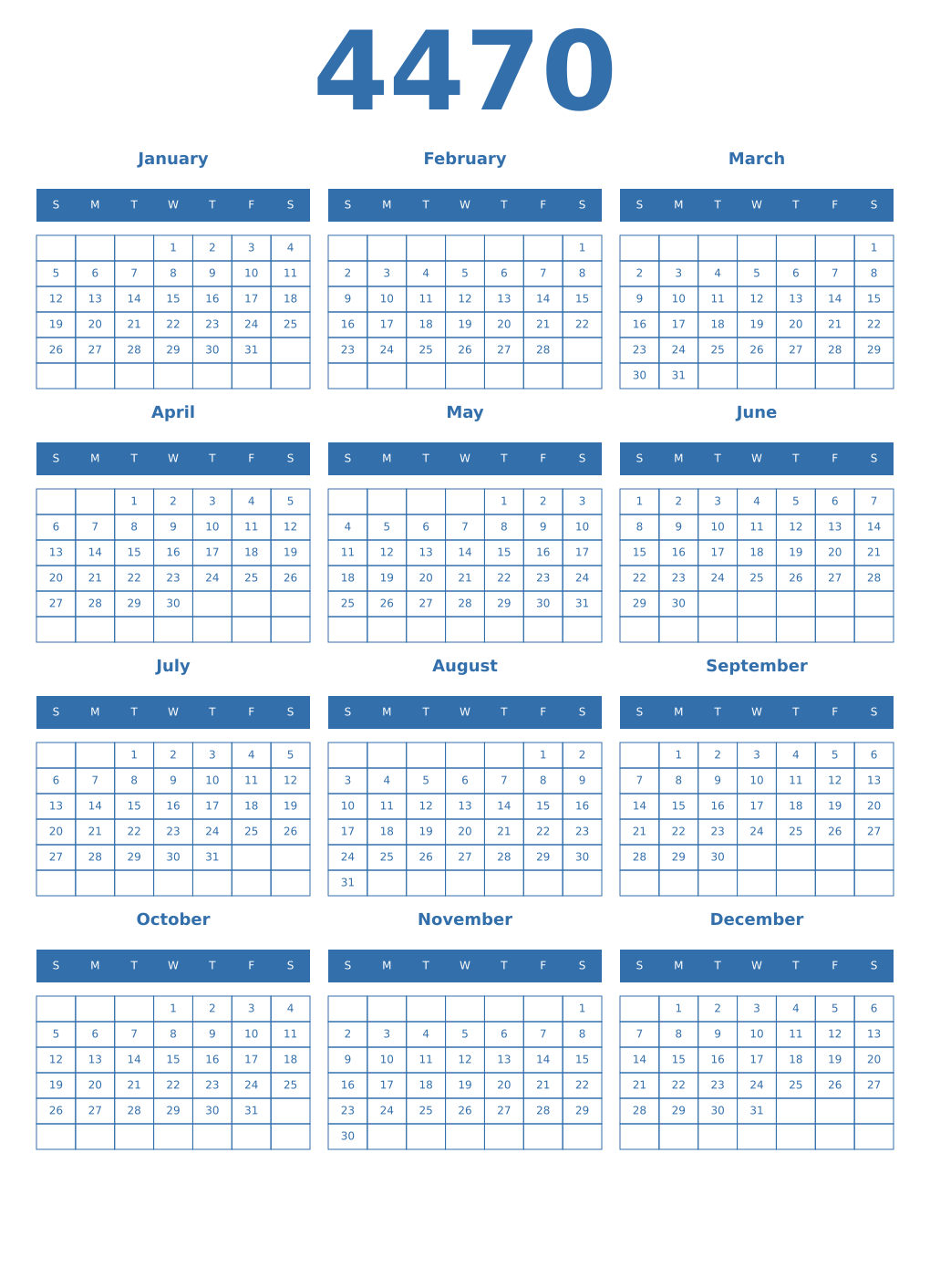 Printable 4470 Year Calendars blue