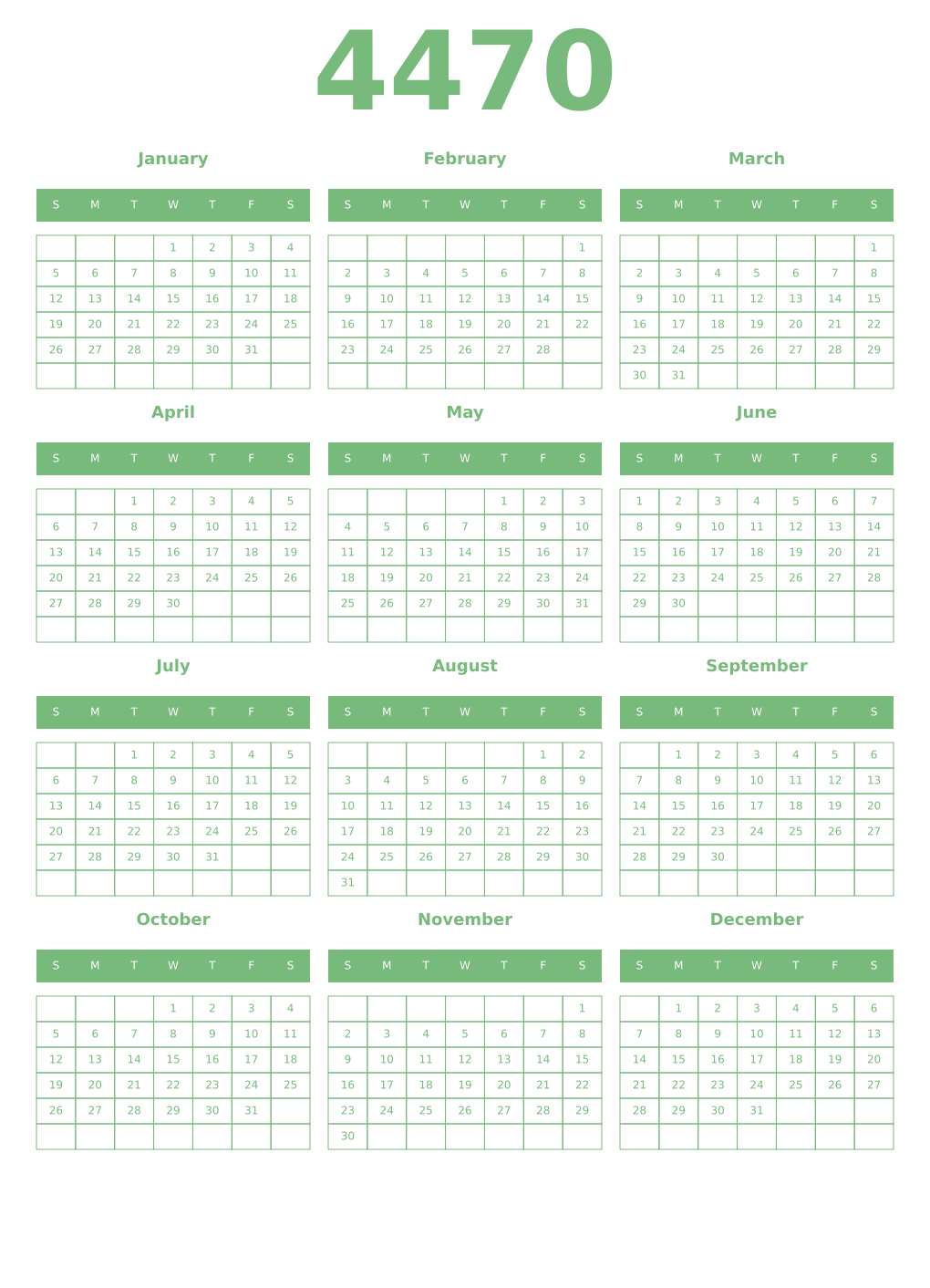 Printable 4470 Year Calendars celadon