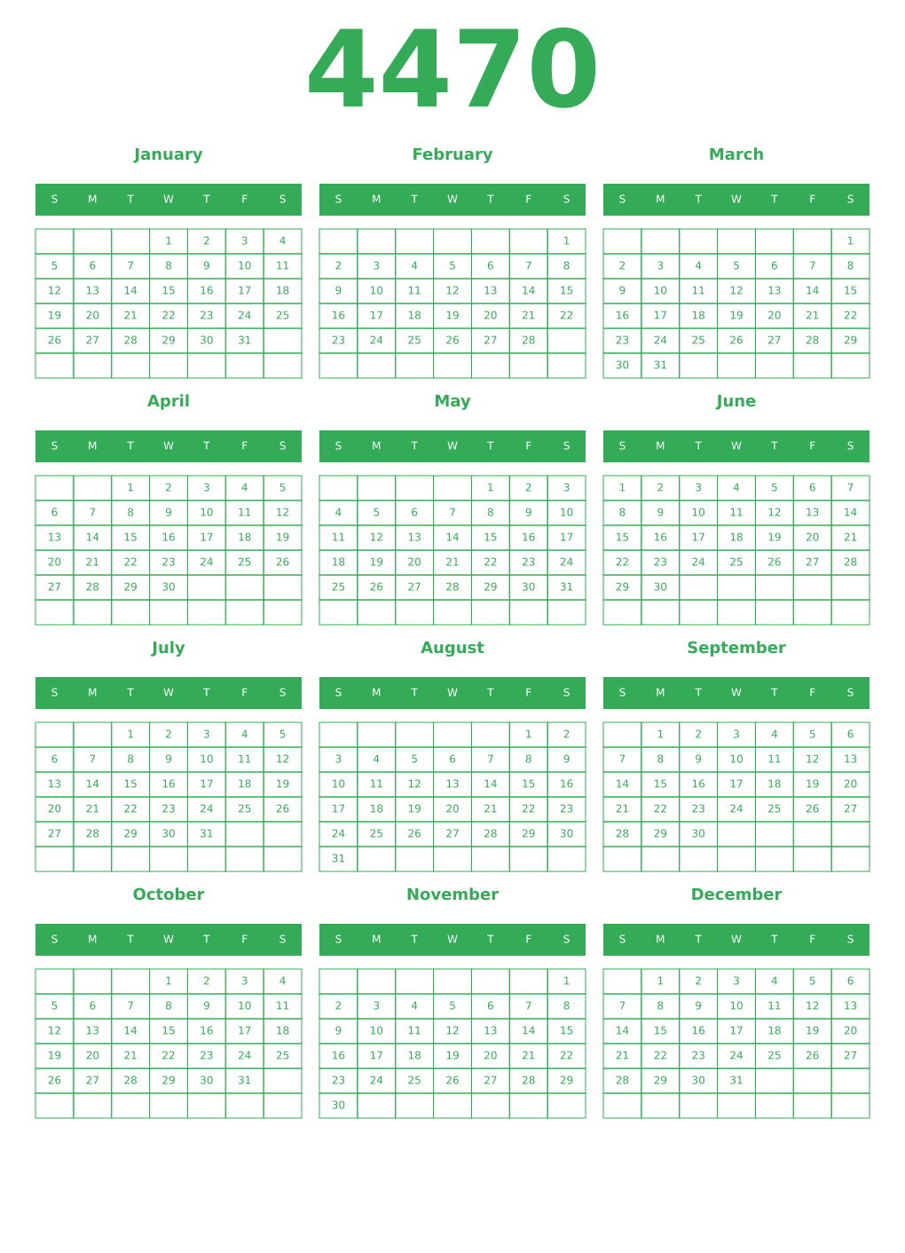 Printable 4470 Year Calendars green