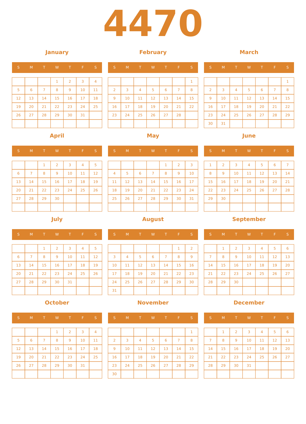 Printable 4470 Year Calendars orange