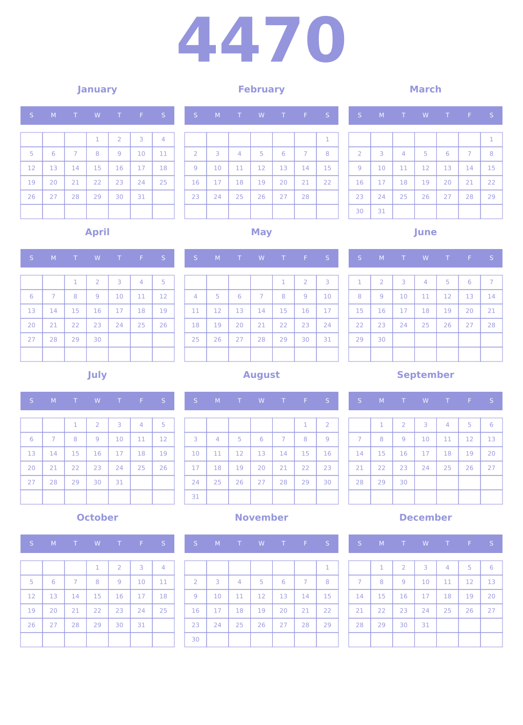 Printable 4470 Year Calendars periwinkle