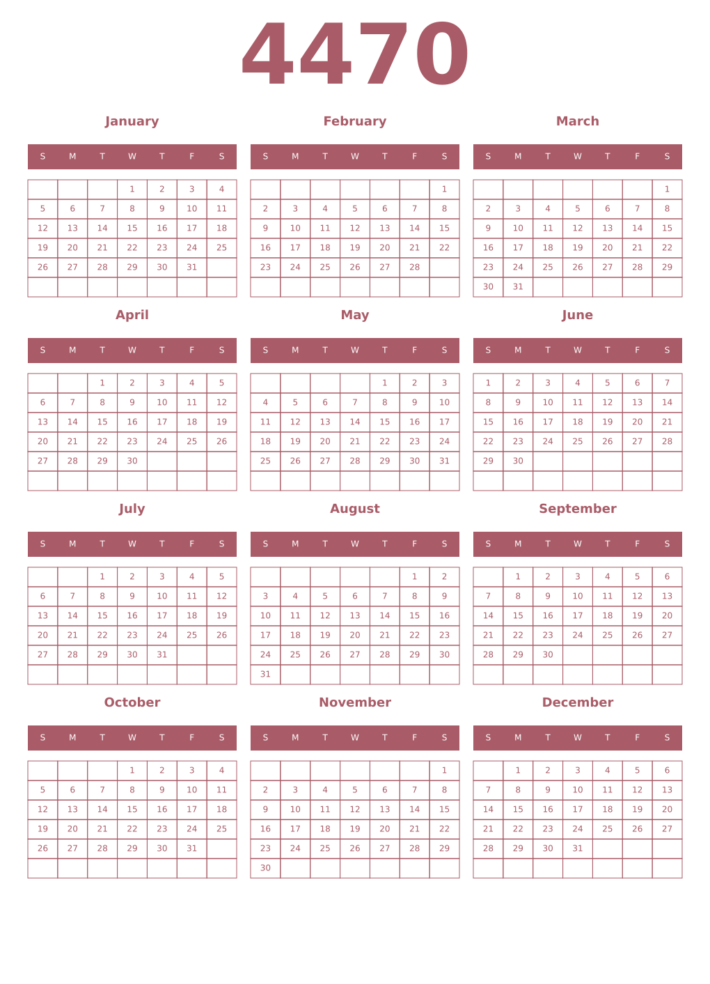 Printable 4470 Year Calendars puce