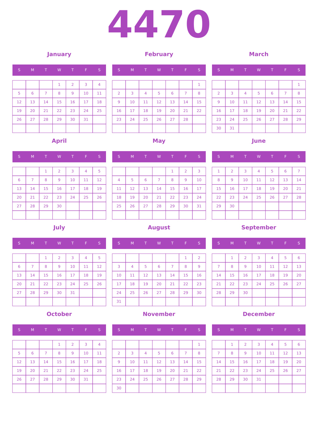 Printable 4470 Year Calendars purple