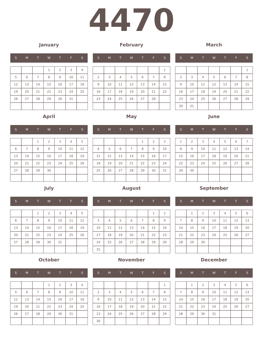 Printable 4470 Year Calendars wenge