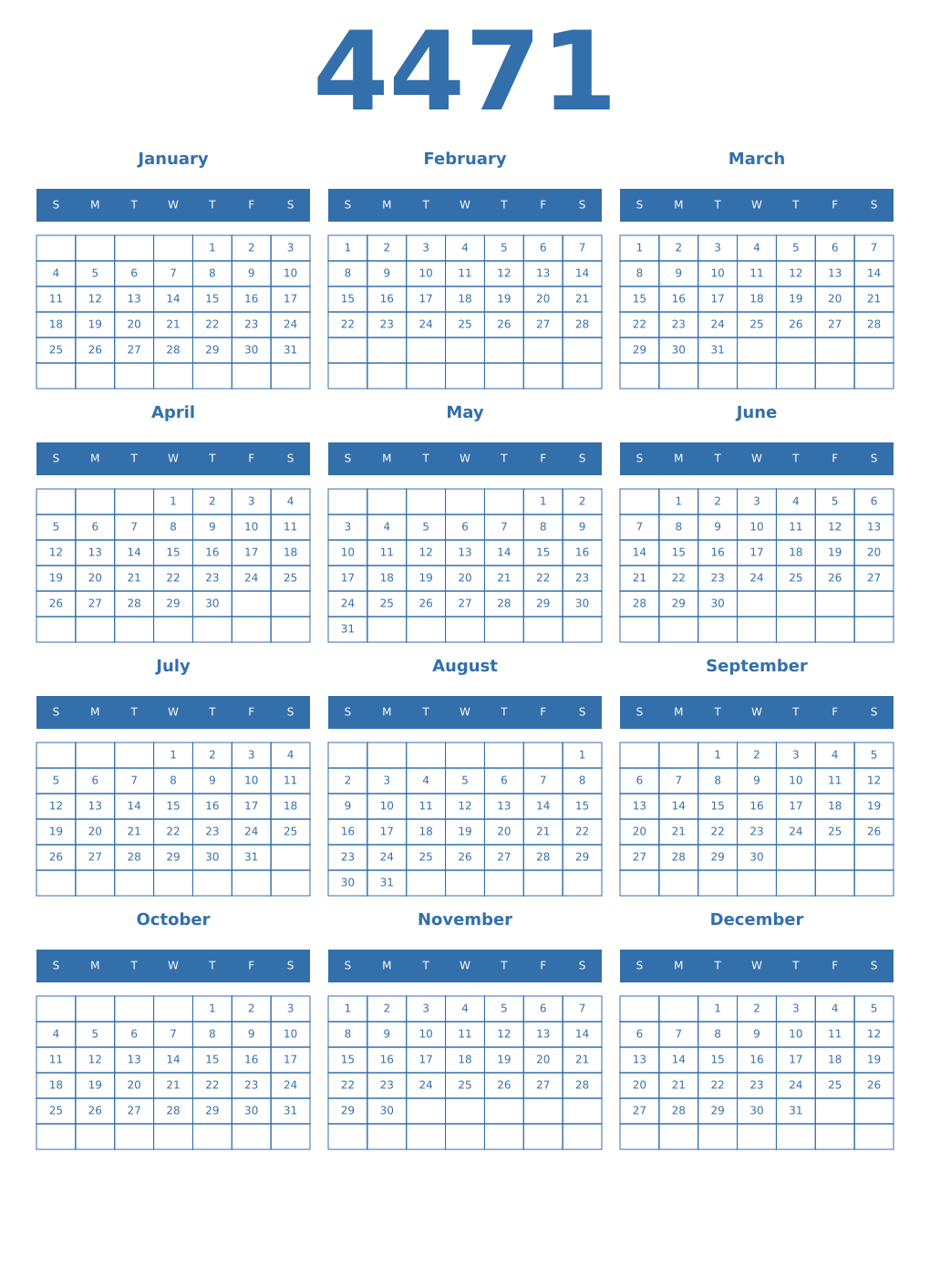 Printable 4471 Year Calendars blue