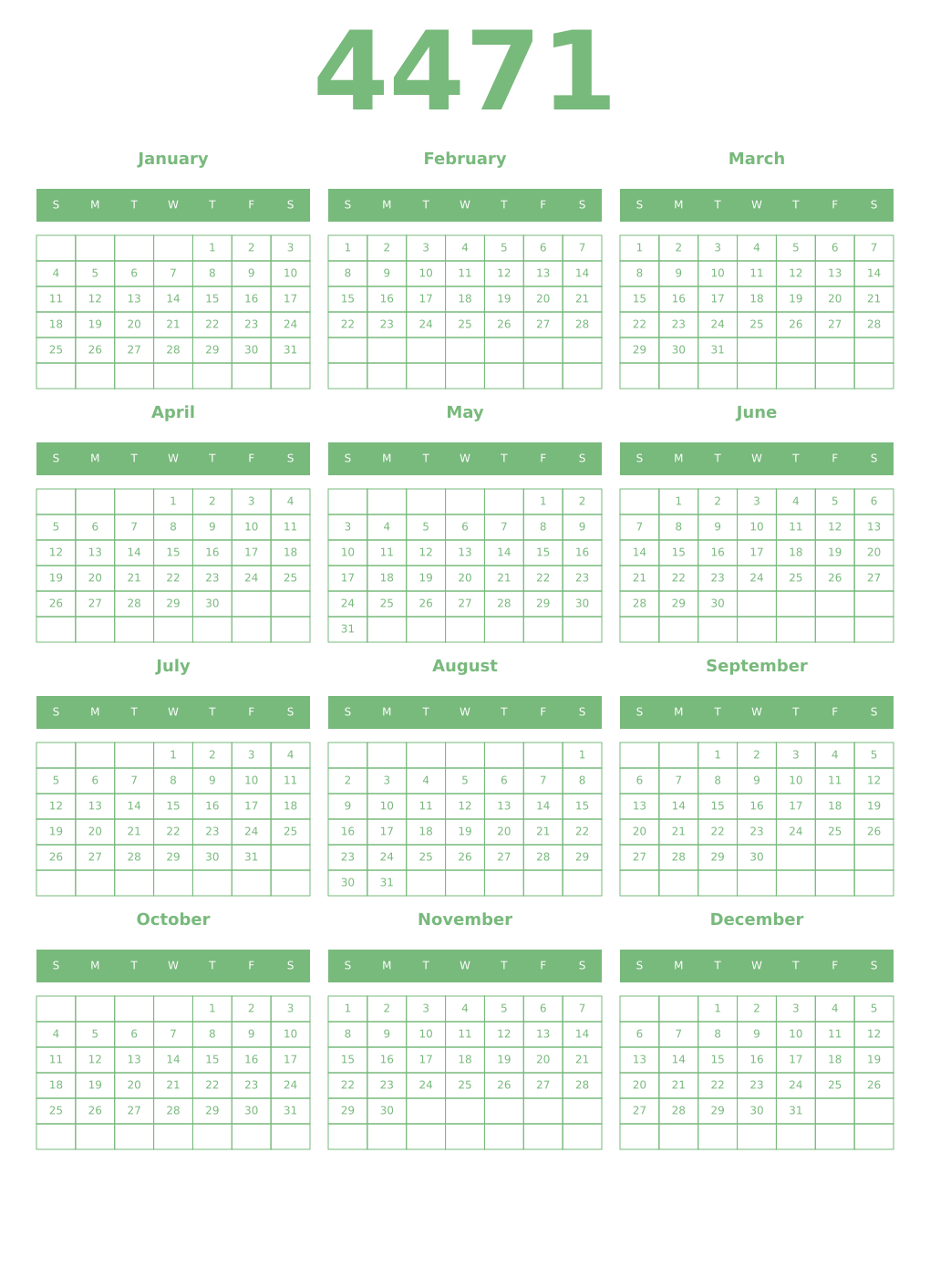 Printable 4471 Year Calendars celadon