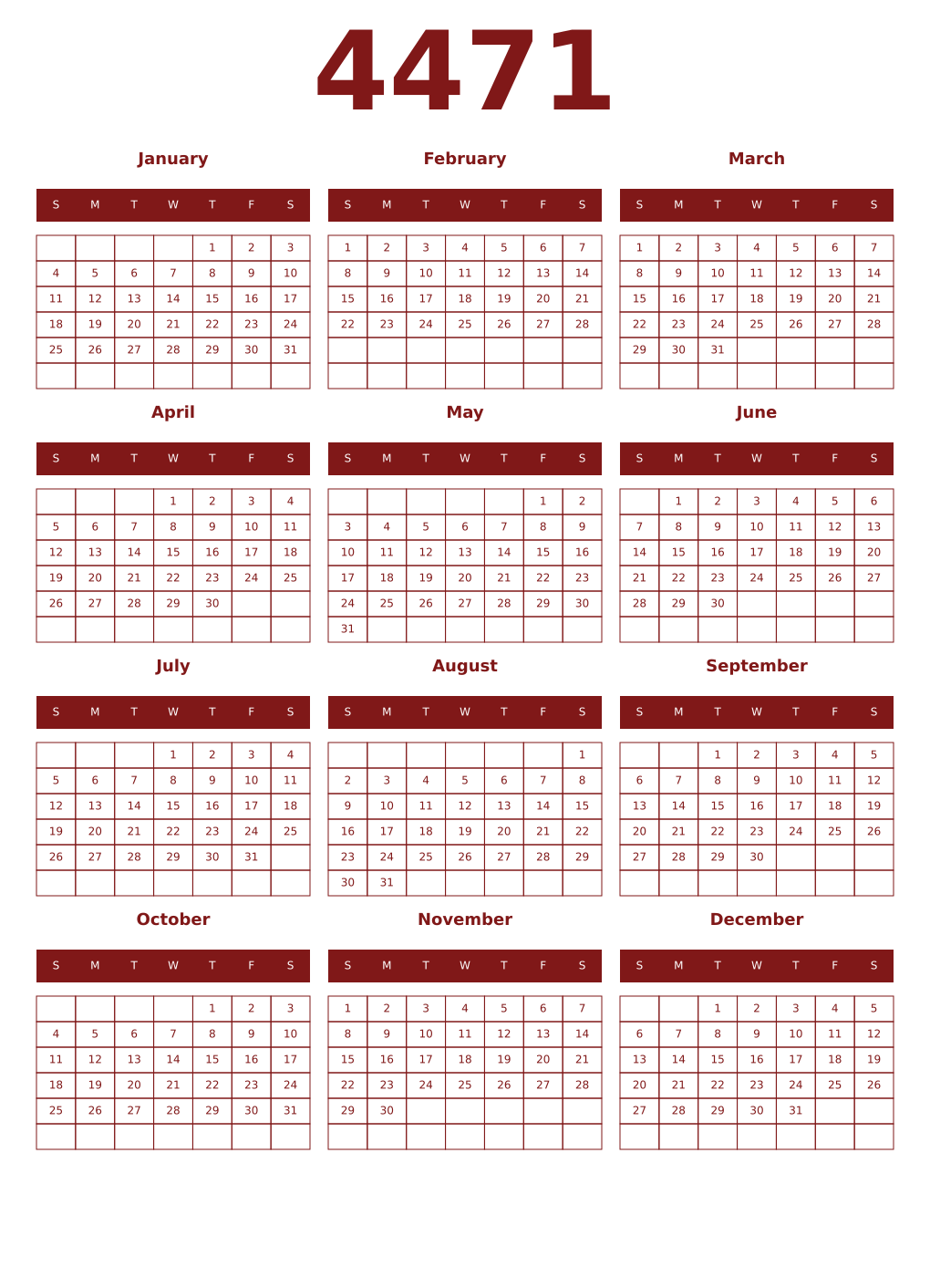 Printable 4471 Year Calendars falu