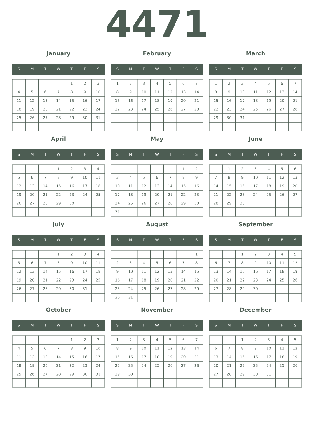 Printable 4471 Year Calendars feldgrau
