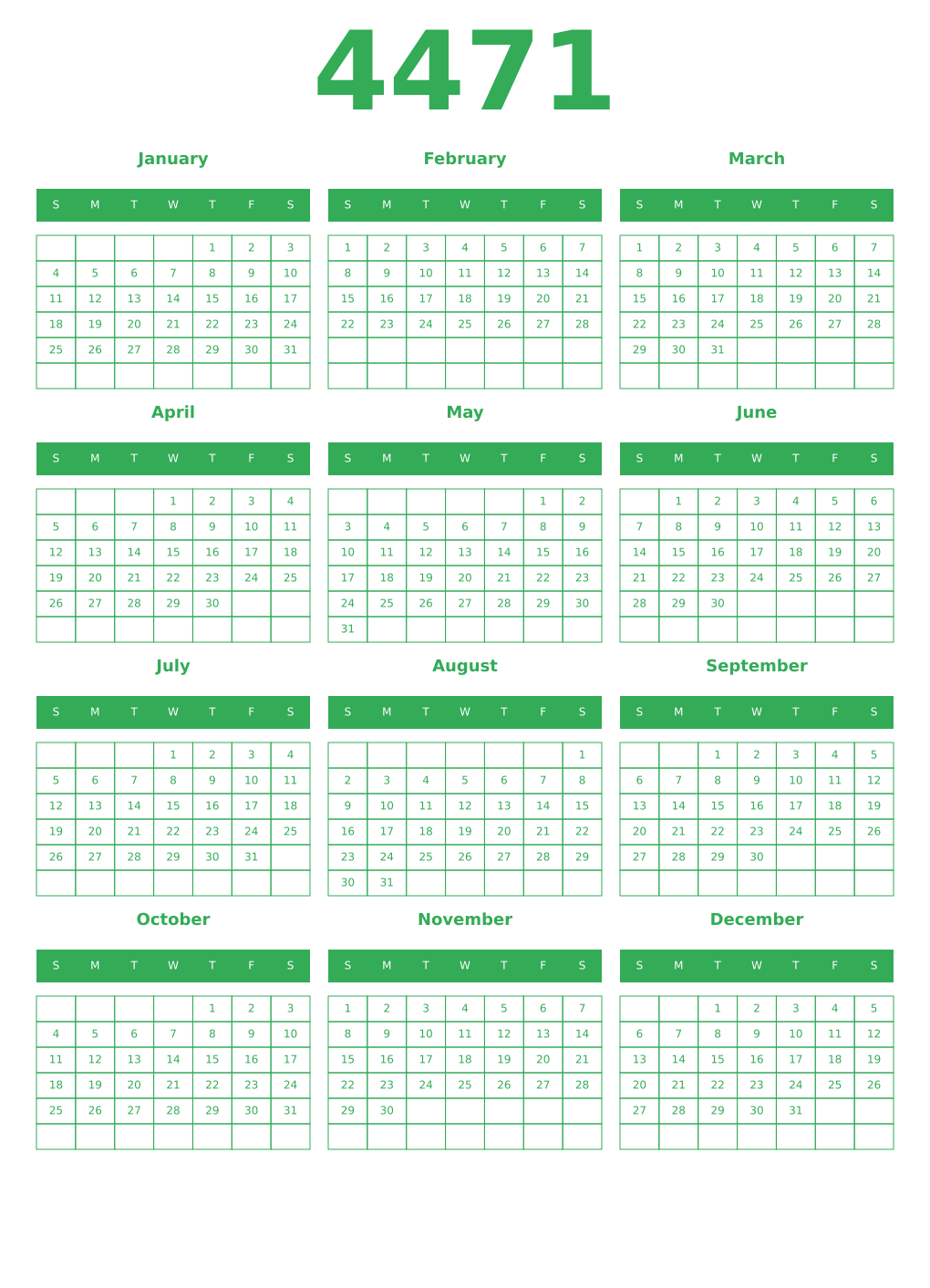 Printable 4471 Year Calendars green
