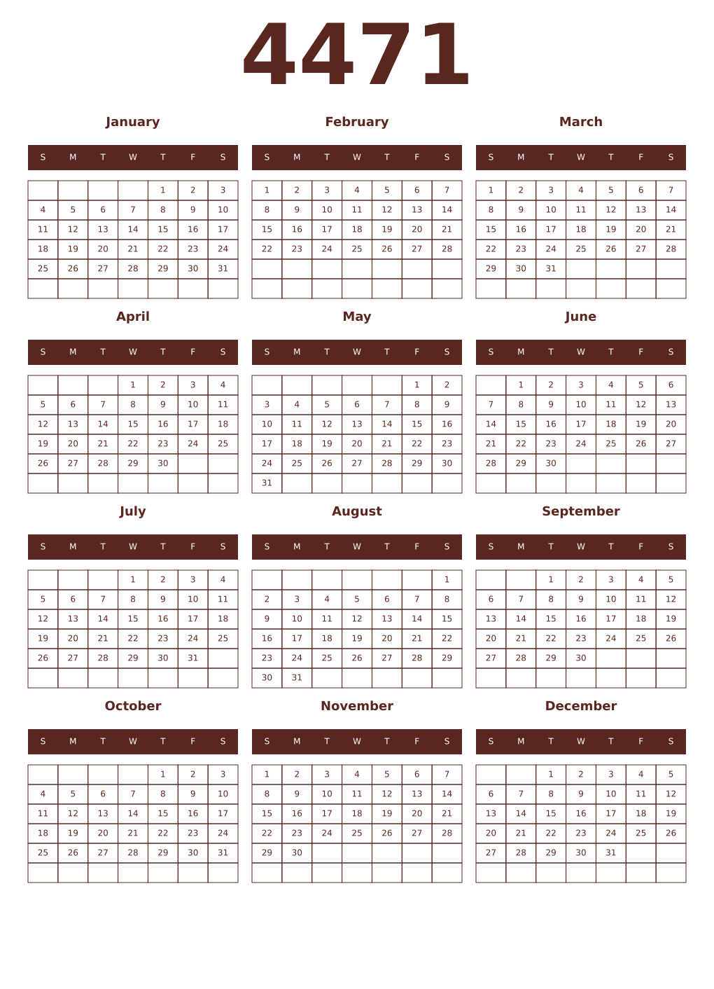Printable 4471 Year Calendars mortuum