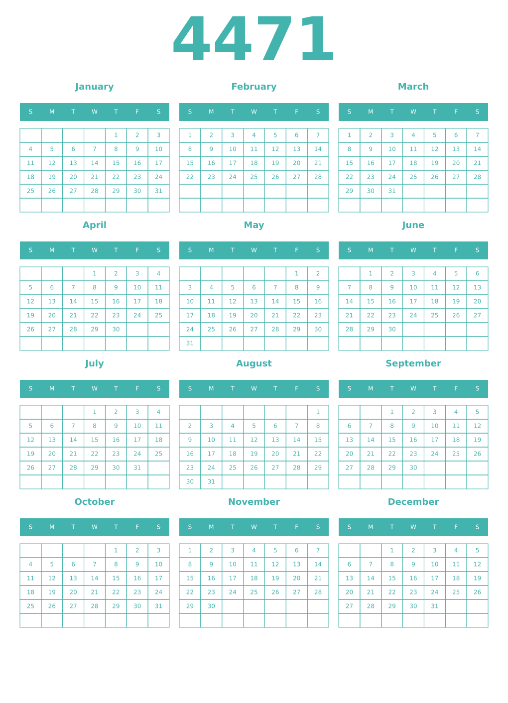 Printable 4471 Year Calendars verdigris
