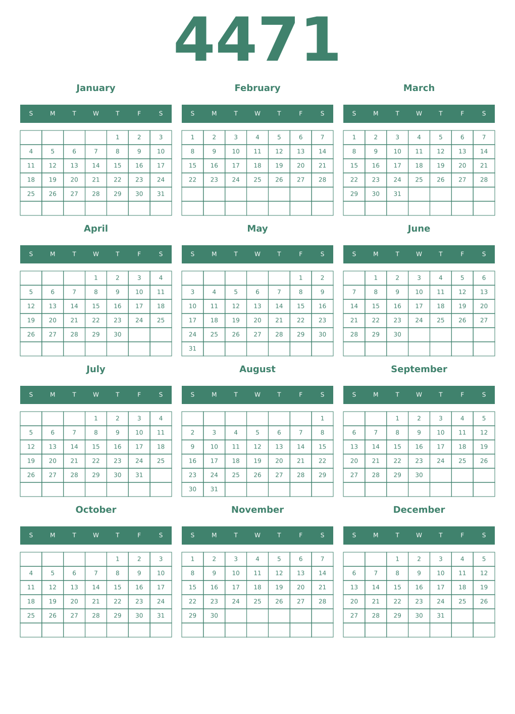 Printable 4471 Year Calendars viridian