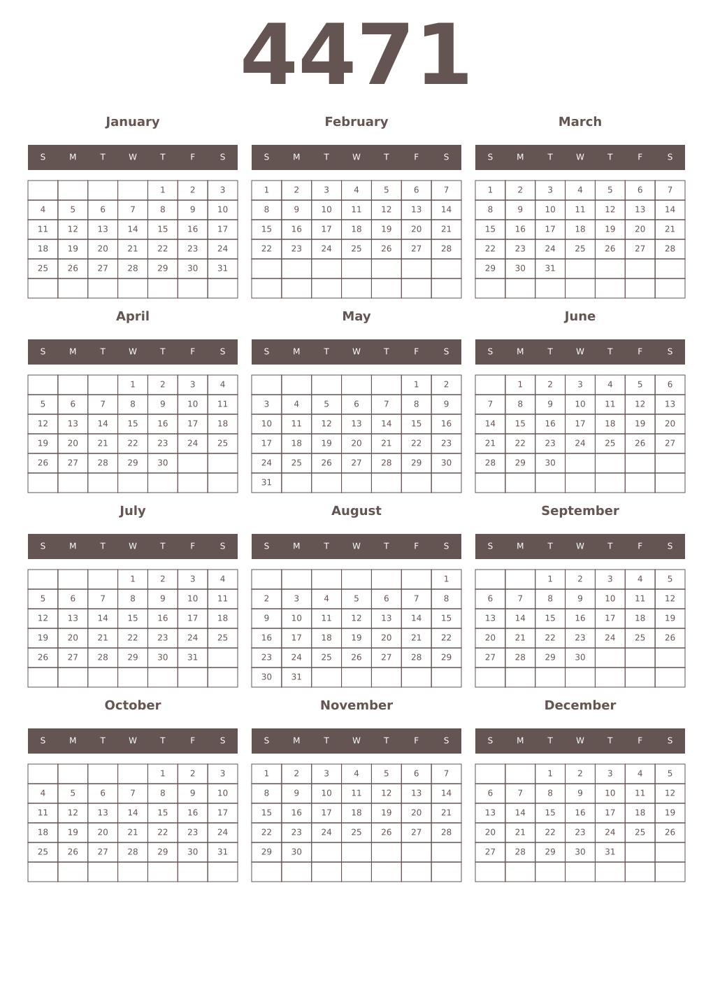 Printable 4471 Year Calendars wenge