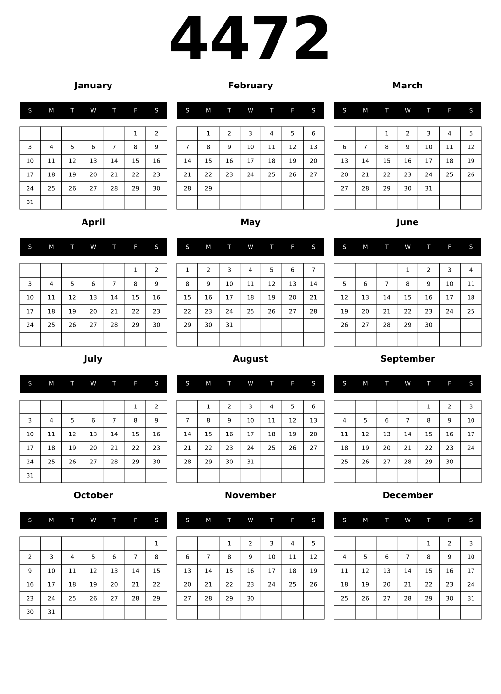 Printable 4472 Year Calendars black