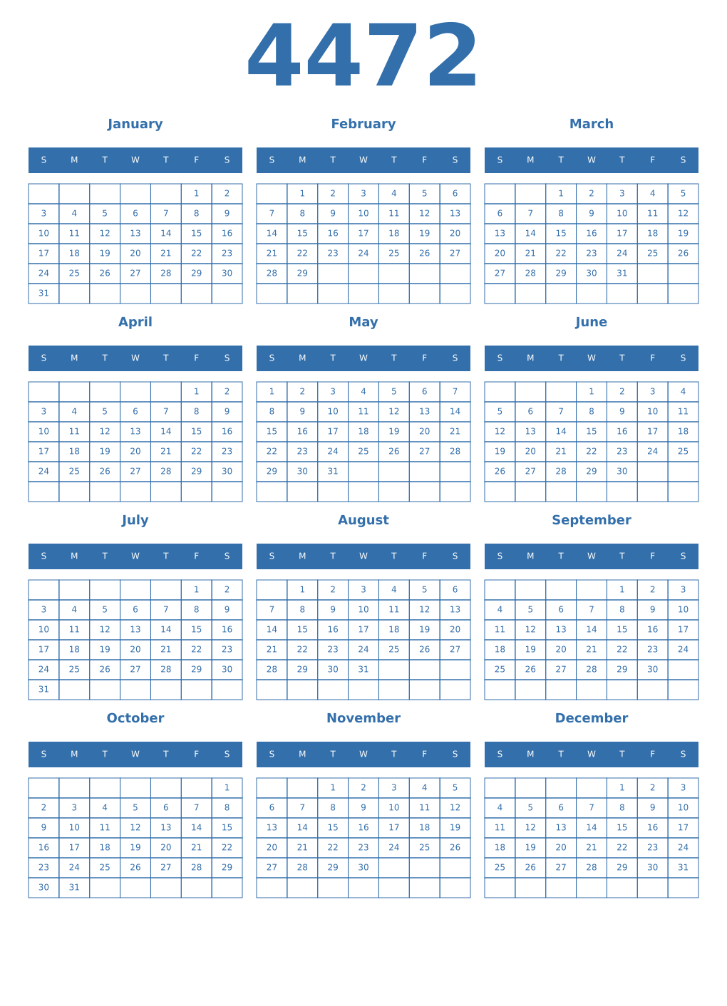 Printable 4472 Year Calendars blue