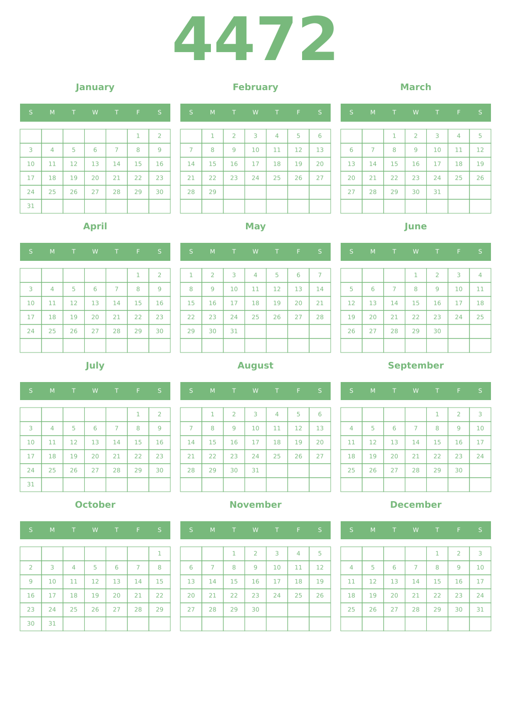 Printable 4472 Year Calendars celadon