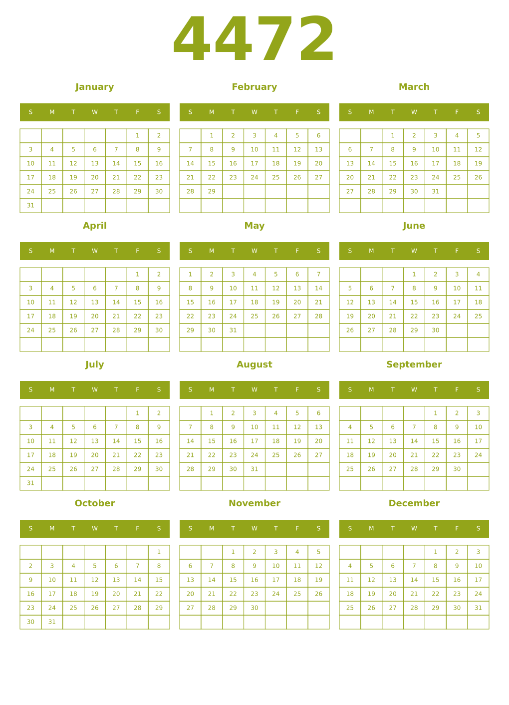 Printable 4472 Year Calendars chartreuse