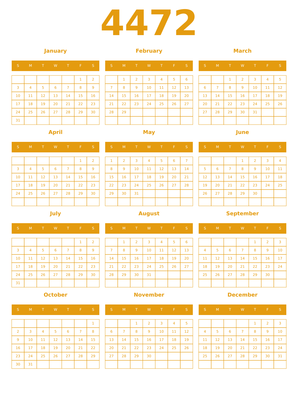Printable 4472 Year Calendars gamboge