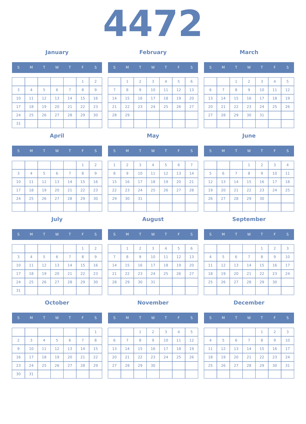 Printable 4472 Year Calendars glaucous