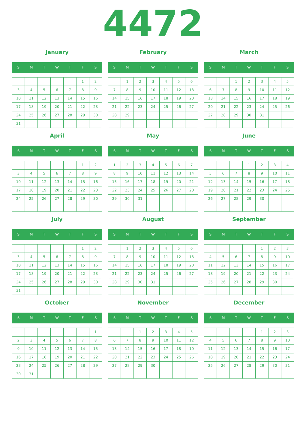 Printable 4472 Year Calendars green