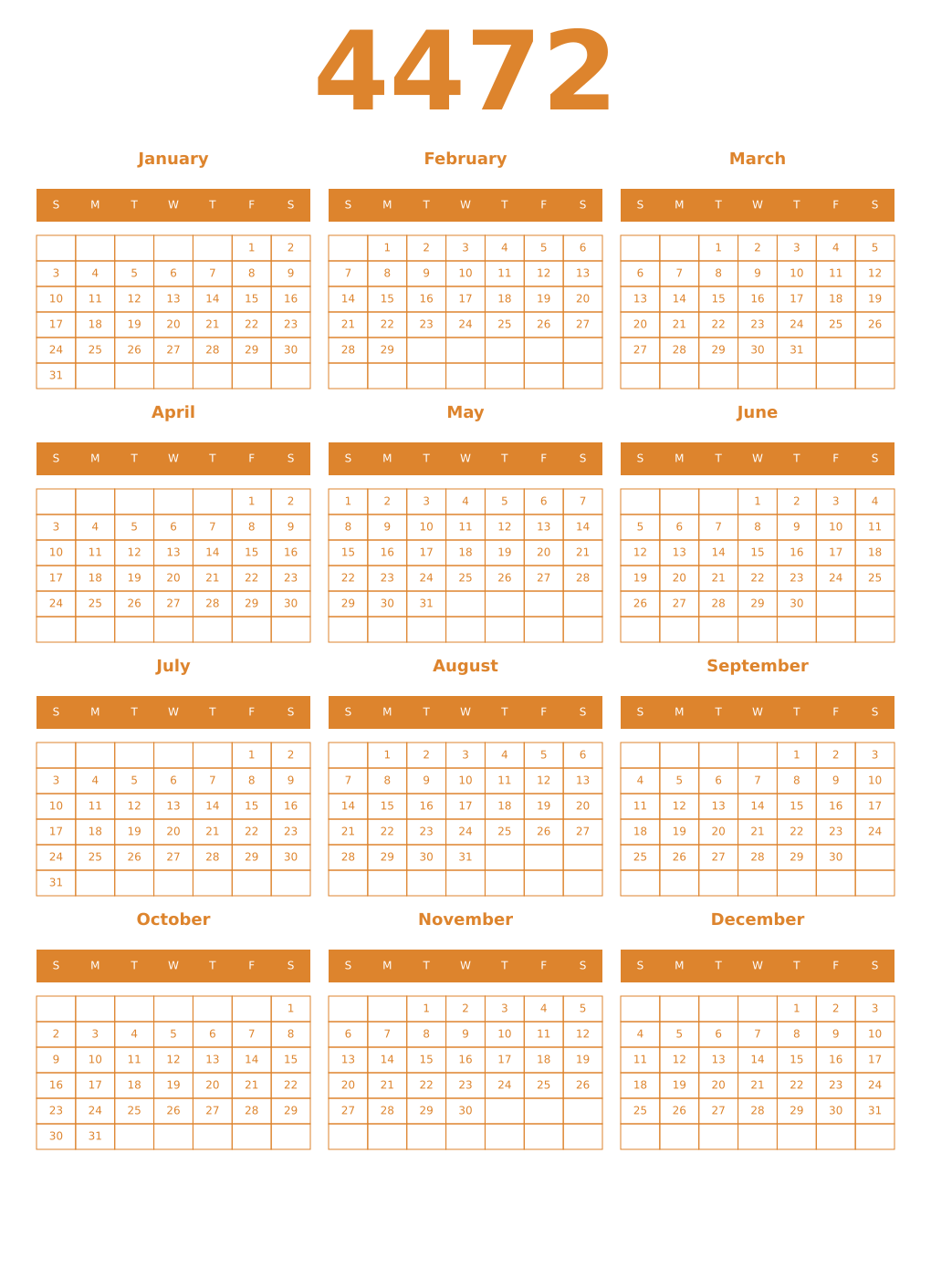 Printable 4472 Year Calendars orange