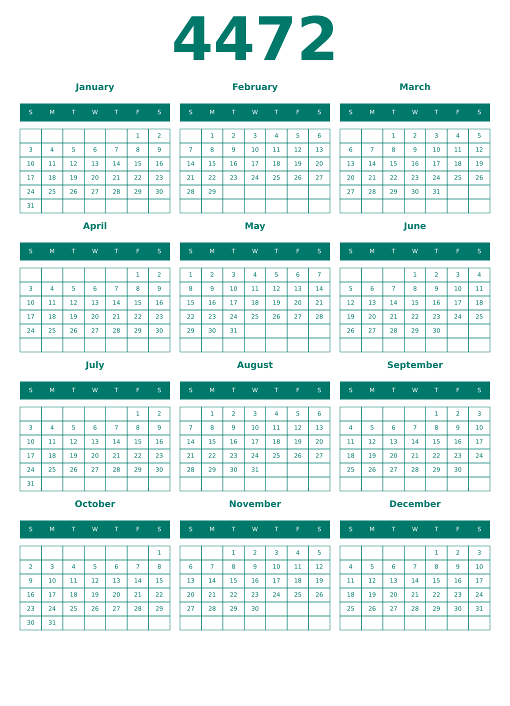 Printable 4472 Year Calendars pastel