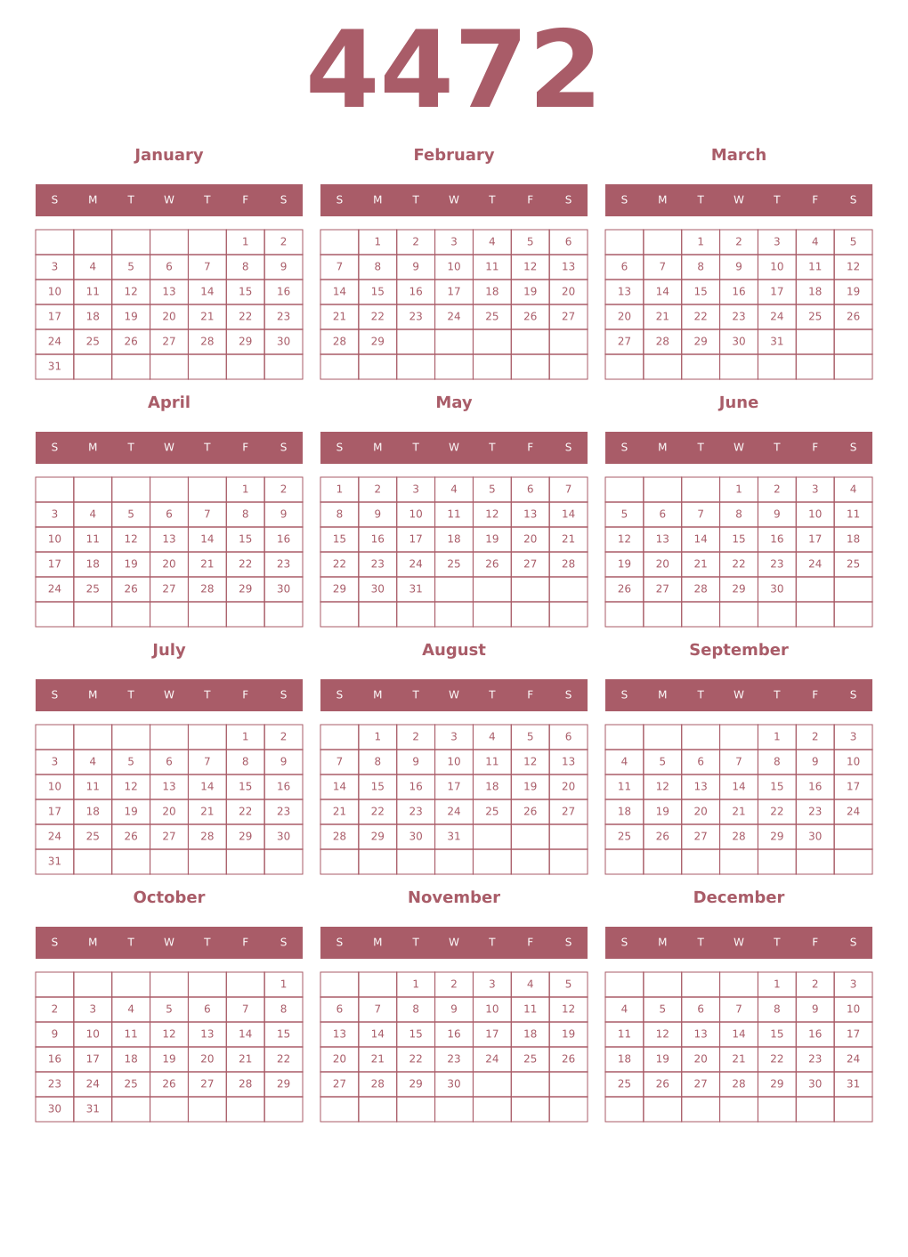 Printable 4472 Year Calendars puce