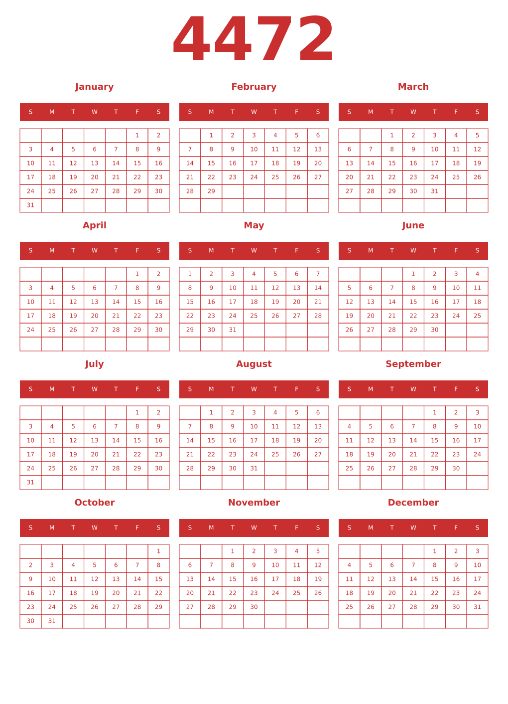 Printable 4472 Year Calendars red