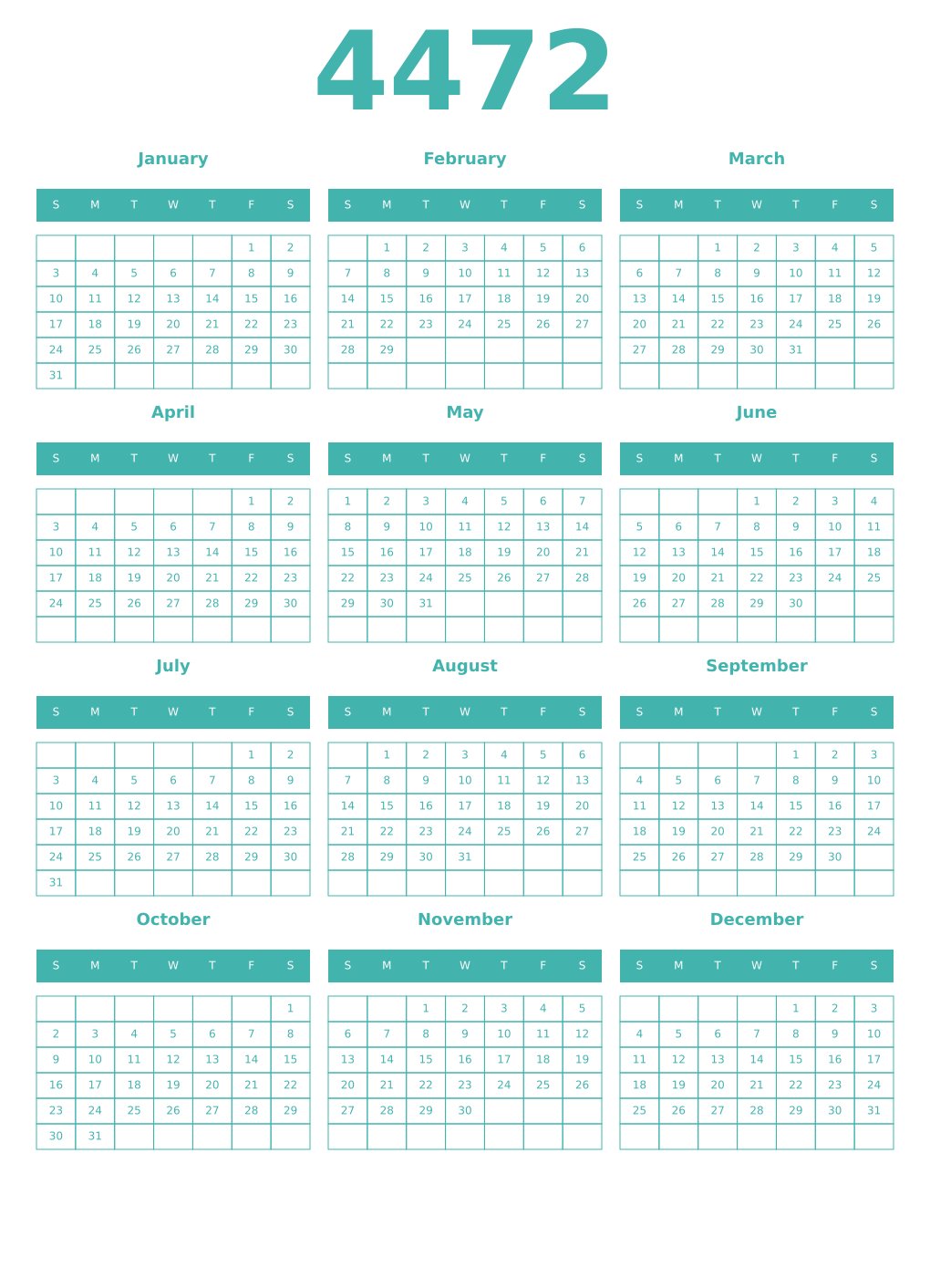 Printable 4472 Year Calendars verdigris