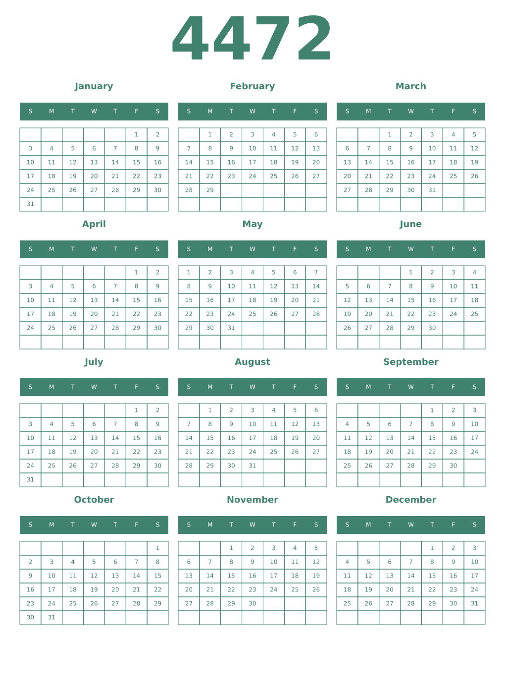 Printable 4472 Year Calendars viridian