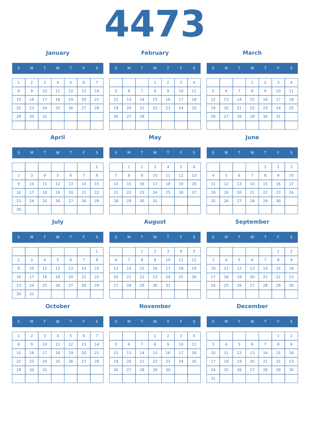 Printable 4473 Year Calendars blue