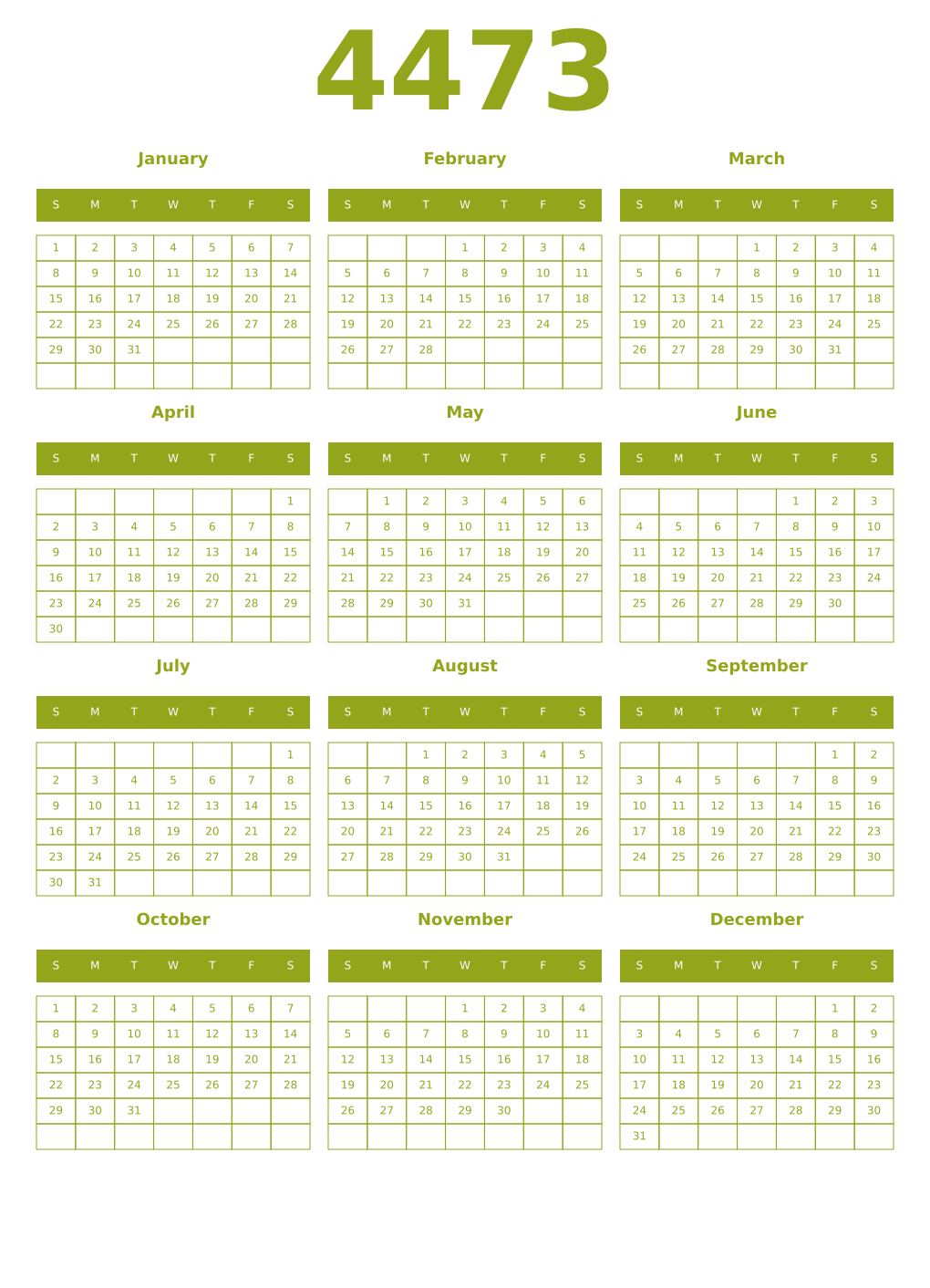 Printable 4473 Year Calendars chartreuse