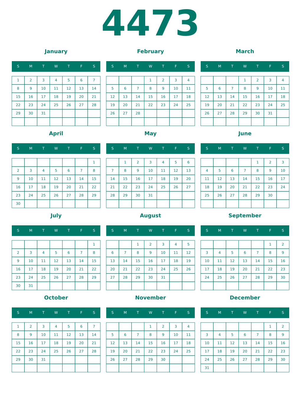 Printable 4473 Year Calendars pastel