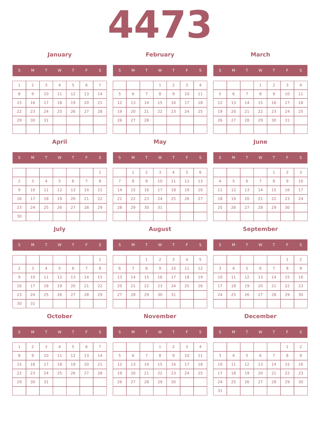 Printable 4473 Year Calendars puce