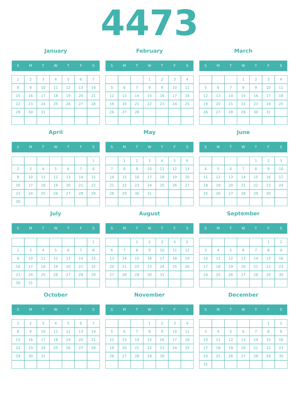 Printable 4473 Year Calendars verdigris