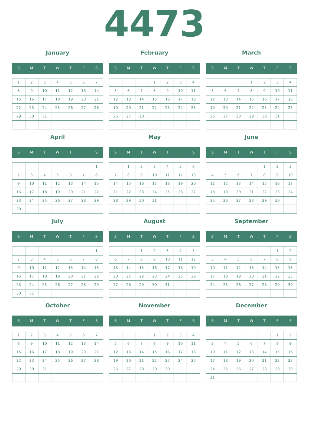 Printable 4473 Year Calendars viridian