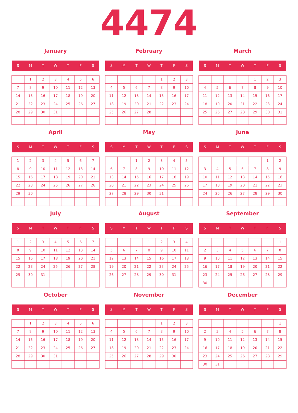 Printable 4474 Year Calendars amaranth