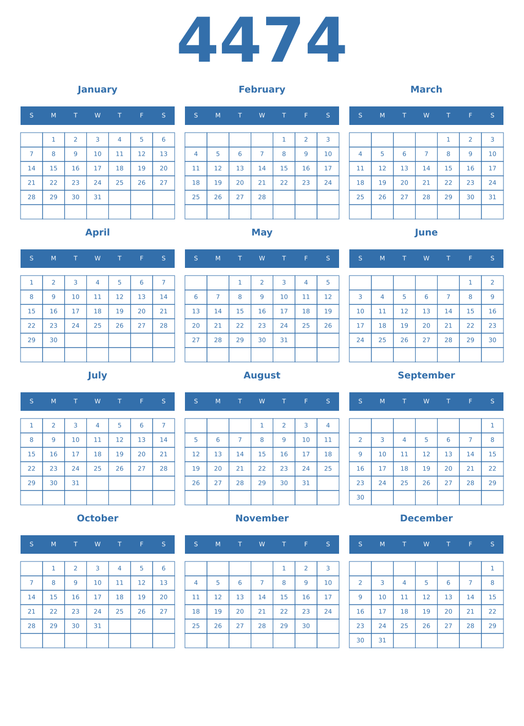 Printable 4474 Year Calendars blue