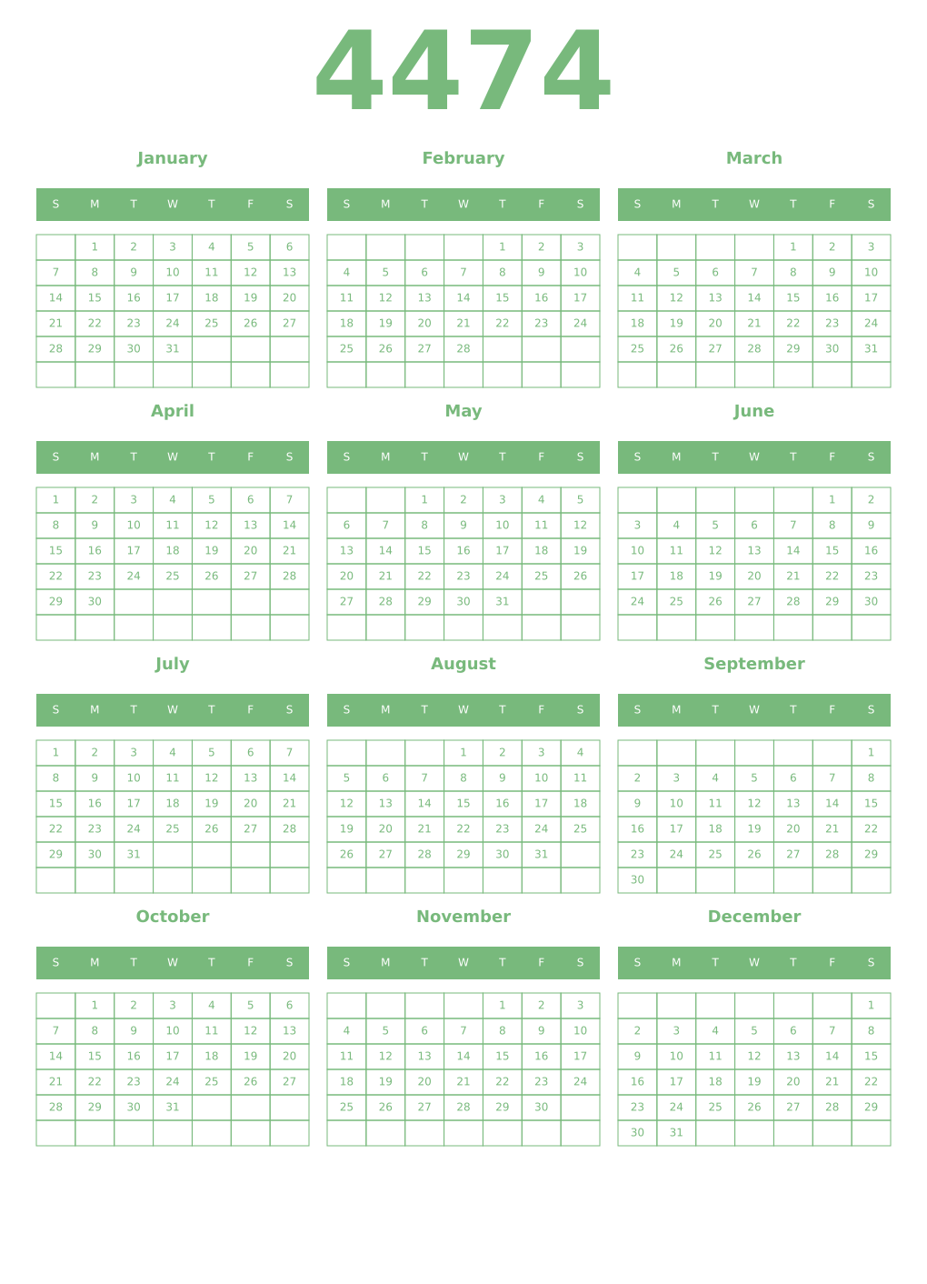 Printable 4474 Year Calendars celadon