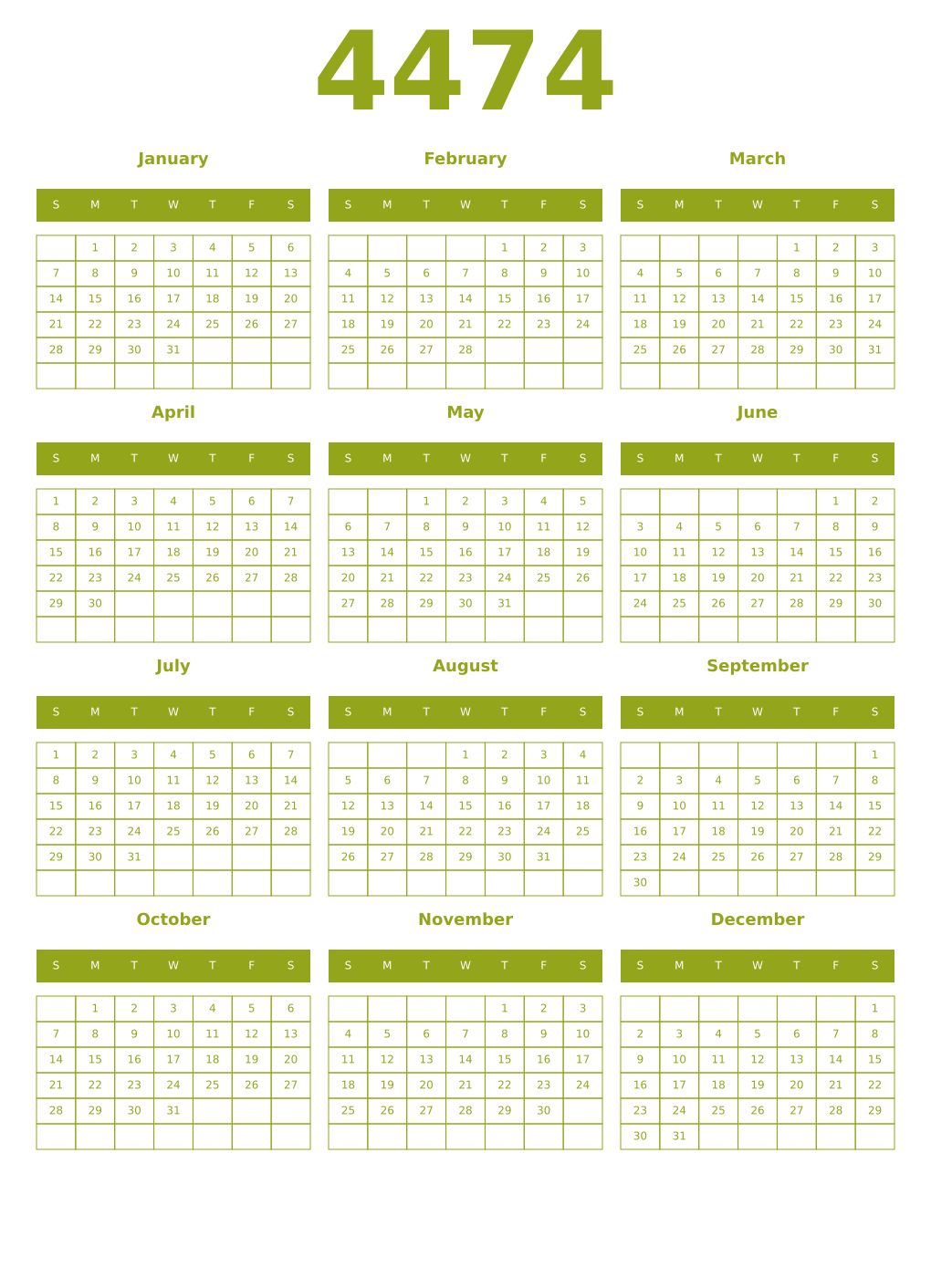 Printable 4474 Year Calendars chartreuse