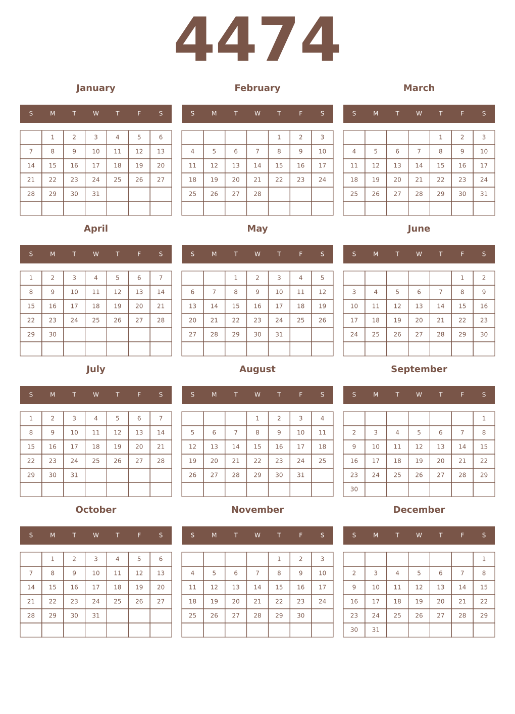 Printable 4474 Year Calendars coffe